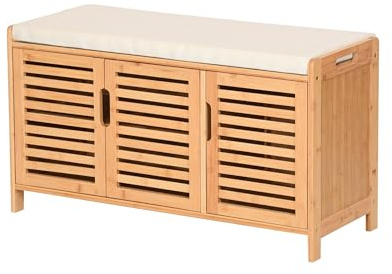 AD.CON Zapatero de bambú con banco con asiento, banco para zapatos con 3 compartimentos, cojín de asiento, cómoda zapatera, armario de almacenamiento para pasillo, área de entrada, 50 x 90 x 35 cm