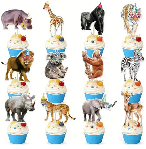 Xanthelle Waldtiere Geburtstag Deko, 36 Stück Safari Cupcake Toppers & Dschungel Thema Kuchendekoration, Happy Birthday Partyzubehör für Jungen und Mädchen, Wild One 1. Geburtstag Dekoration