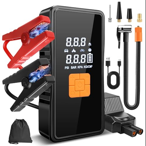 8000A Jump Starter Power Pack with Tyre Inflator, 150PSI Air Compressor 12V Car Battery Booster Jump Starter Power Bank LED Light, Smart Protection