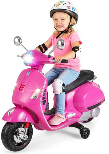 COSTWAY 12V Vespa Moto Électrique Enfant avec Musique Klaxon Histoires Phares LED, Voiture Électrique Enfant avec Roues d'Entraînement Amovibles et Pédale, 2-3 km/h, Charge 30 kg, 3-6 Ans (Rose)