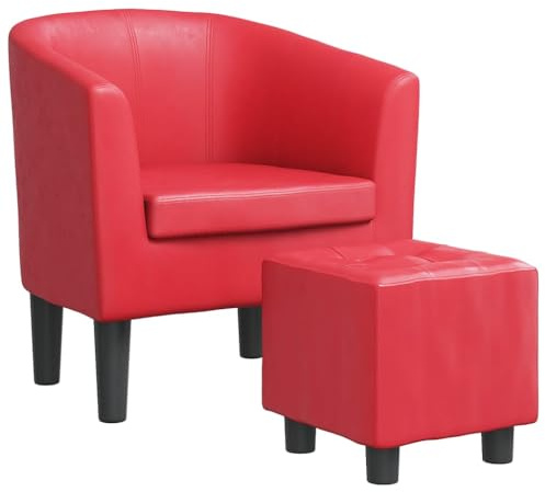 Roanoer Moderner Clubsessel mit Fußhocker Rot Kunstleder, Bequemer Cocktailsessel mit Gepolstertem Hocker für Wohnzimmer Schlafzimmer und Büro, Loungesessel im Leder-Look, 70x56x68cm