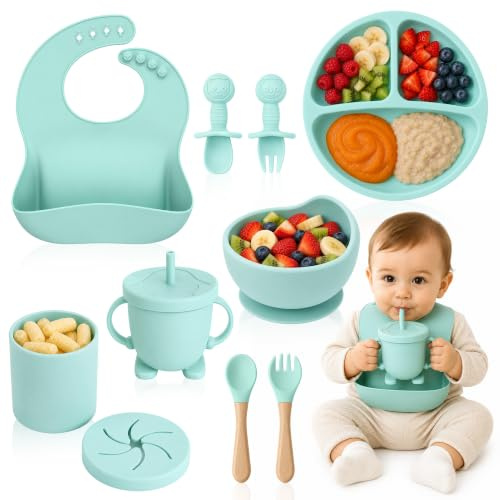 CUIDITO - Vajilla Bebe Silicona,8 Pcs,Set Alimentación BLW,Plato y Bowl con Ventosa, Babero Ajustable, Vaso con Pajita Antiahogo,Vaso para Snacks, Cubiertos de Aprendizaje y Evolutivos,Libre de BPA