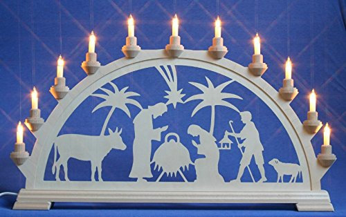 Großer 65cm Laubsäge-Schwibbogen Christi Geburt mit 11 Kerzen,Taulin Erzgebirge