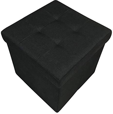 HomeHarmony® Quilted Top Folding Storage Ottoman Seat, Stool, Toy Storage Box Linen Look (Black, Medium)