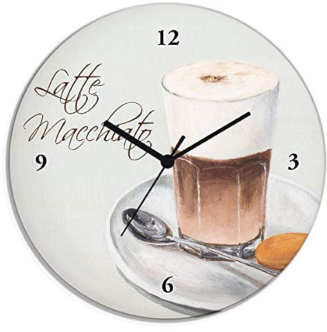 ARTLAND Wanddeko Wanduhr ohne Tickgeräusche Glas Funkuhr Ø 30 cm Rund Lautlos Kaffee Coffee Cafe Latte Macchiato Ausgefallen T4IO