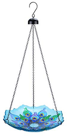 Mumtop 11-inch Hanging Glass Bird Bath with Blue Feather for Garden Decoration