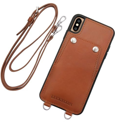 LUCKYCOIN Handmade Genuine Leather Crossbody for iPhone Xs max Case,with Strap Leather Handbag and Card Holder,Shockproof Durable Protective 6.5in