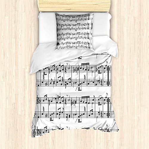 ABAKUHAUS Musik Bettbezug Set für Einzelbetten, Notenschlüssel Klang Muster, Milbensicher Allergiker geeignet mit Kissenbezug, Weiß Anthrazit grau