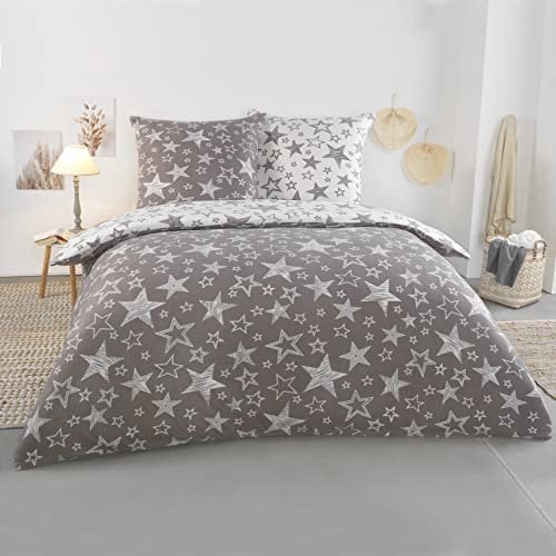 BaSaTex 200x200 Microfaser Flausch Bettwäsche Sterne grau Weiss Taupe Fleece Thermofleece Übergröße 2tlg.Set