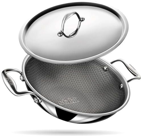 Stahl Triply Kratzerfreier Wok mit Deckel | Edelstahl Wok mit Induktionsboden | 28 cm, 4.4L für 8 Personen