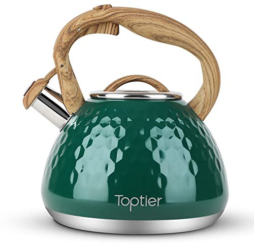 Toptier Teekessel, Pfeifkessel mit Holzmuster-Griff, laute Pfeife, lebensmittelechter Edelstahl, Teekanne für Herde, Induktion, Diamant-Design, Wasserkessel, 2,7 l, Dunkelgrün