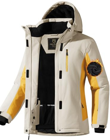 FREE SOLDIER Damen-Skijacke, Snowboardjacke, wasserdicht, warmes Fleecefutter, Winter-Regenjacke mit Kapuze, vollständig versiegelte Nähte