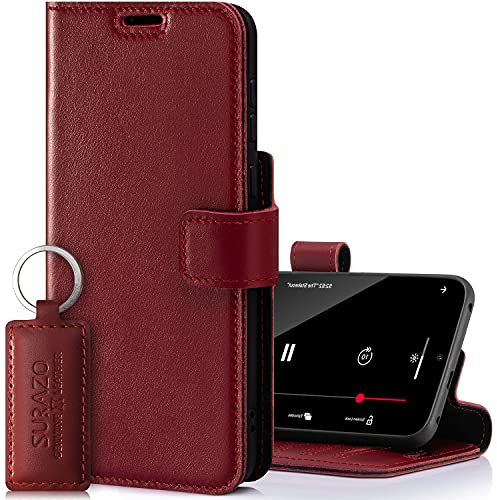 SURAZO Prestige Leather Case for Apple iPhone 13 Pro Max - RFID Wallet Flip Cover with 3 Card Slots & Cash Pocket - Secure Magnetic Closure & Kickstand - Real Leather Folio Bumper (Costa Red)