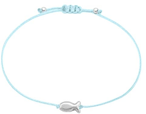 Selfmade Jewelry Armband Damen Silber Fisch Größenverstellbares Makramee-Armkettchen mit Fischchen Handmade Inkl. Geschenk-Verpackung (Silber - Hellblau)