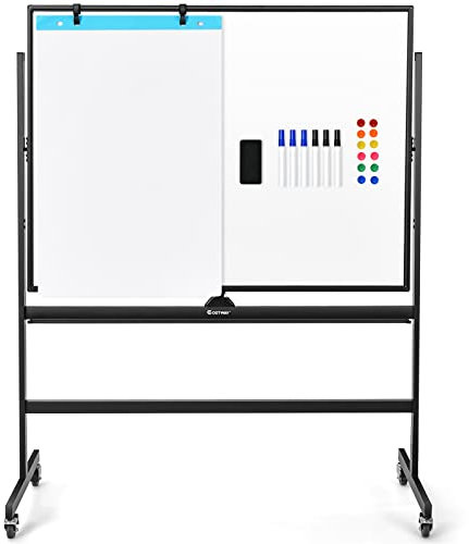COSTWAY Tableau Blanc Effacable sur Pied 120x90cm, Double Face, Tableau Blanc Magnétique, 2 Hauteurs Réglables, Cadre en Métal, 4 Roulettes Verrouillables, Tableau Blanc Mobile pour École, Bureau