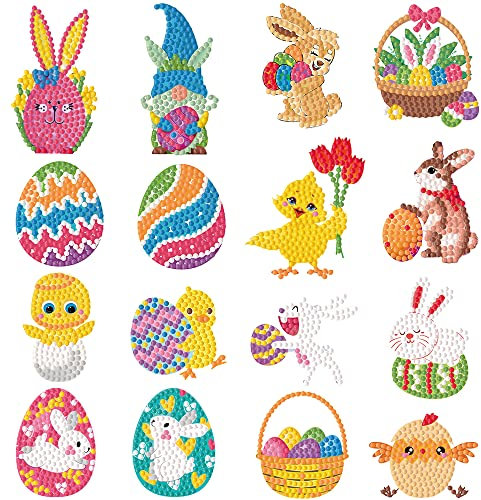 5D Diamond Painting Set Ostern,16 Stück Diamond Painting Kinder,DIY Ostern Diamond painting sticker,Diamant Malerei Kits Ostern Muster Ei Häschen Küken,Ostern Kinder DIY Bastelgeschenke