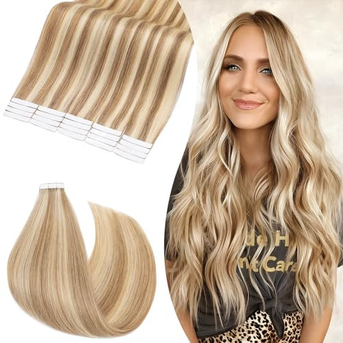 UK-Fashion-Shop Tape Extensions Echthaar 20pcs Remy Echthaar Haarverlängerung 50g - 100% Echthaar Extensions Tape In glatt #12/613 Light Golden Brown/Bleach Blonde 55cm