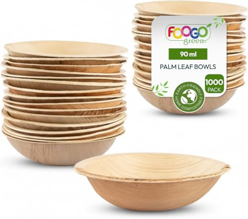 FOOGO Green 1000pcs Disposable Palm Leaf Mini Bowls, 4 (10cm) Round | 90ml (3oz), Mini Ketchup Pots, Sauces & Dips, Eco Friendly Home Compostable, Like Wooden, Bamboo And Paper Bowls