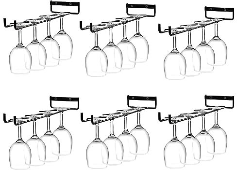 YAYODS 6 Pcs Hanging Wine Glass Rack, 12 Wine Glass Holders Under Shelf, Metal Wall Mounted Wine Glass Rack for Bar Restaurant Kitchen and Home