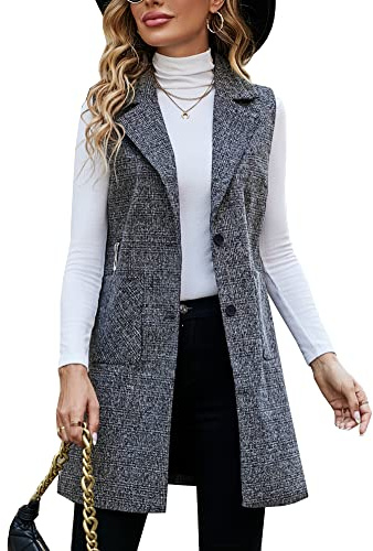 Kedera Long Vest for Women Sleeveless Tweed Blazer Jacket Sleeveless Pocket Outerwear Longline Trench Coat, Black, M