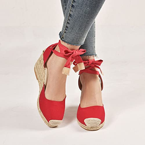 HIONRE Espadrillas Donna Zeppa Alta Ciabatte Sandali,Sandali con Zeppa, Sandali da Donna con Lacci, Rossi, 36,Sandali Donna con Zeppa Corda