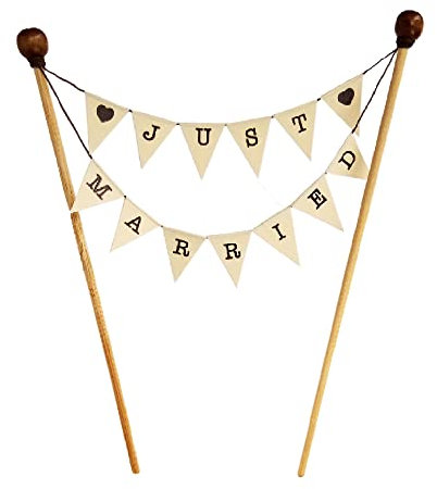 Amazing Buntings, Just Married Cake Topper, Handmade Wedding Bunting Flags Banner, Fully Assembled Party Decoration with Food Grade Poles, Brown Hearts, Small