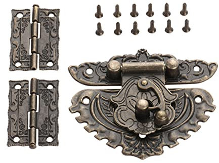 Mgoodoo Antike Prägung Hasp Riegel Schloss, 2PCS Scharnier +1 PCS Retro-Stil Vorhängeschloss Schloss Schlüssel Riegel Spange Set Box Schloss, Box Scharniere und Riegel mit 13 Schrauben