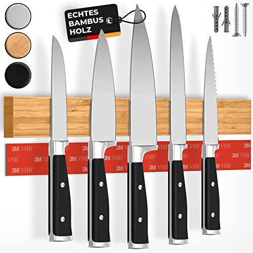 CUCINO Messer Magnetleiste selbstklebend - Vergleichssieger mit extra starkem Magnet - Einfache Montage mit 3M Klebeband ohne Bohren, aus Bambus - 40cm