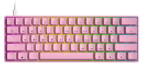 GK61 Teclado mecánico para juegos – 61 teclas multicolor RGB iluminado LED retroiluminado alámbrico programable para PC/Mac gamer (Gateron óptico plateado, prisma rosa)