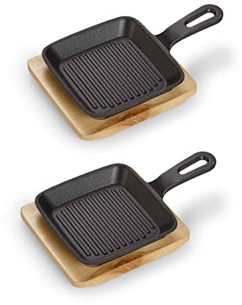 ECHTWERK Poêle en fonte, cocotte carrée avec planche de service, bandes de grillades, déjà cuites, pour le four, le barbecue, le barbecue et l'induction, idéales pour le service, 2 pcs.