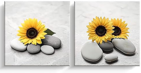 LZIMU Zen Bild auf Leinwand 2 Stück Sonnenblumen Blumen und Stein Leinwandbild Badezimmer Kunstwerk für Yoga Meditation Spa Raumdekoration Gerahmt (1, 25.00x25.00cms x2)
