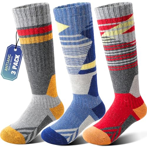 ANTSANG 3 Pairs Kids Merino Wool Ski Socks Boys Girls Thermal Warm Thick Winter Cushioning Socks for Snowboarding Skiing(Red/Blue/Gray,8-12 Years)