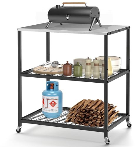 Homezelle Outdoor Grill Cart Three-Shelf Grill Table with Wheels Stainless Steel Movable Pizza Oven Stand Trolley Food Prep and Work Cart Table 31.5×24×35.5