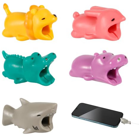 5pcs Cable Protector Animals Bite, Cute Charging Data Cord Savers Crocodile, Hippopotamus, Pink Rabbit, Gray Shark, Lion Charging USB Cable Protectors Cover for Most Cellphones and iPad Chargers