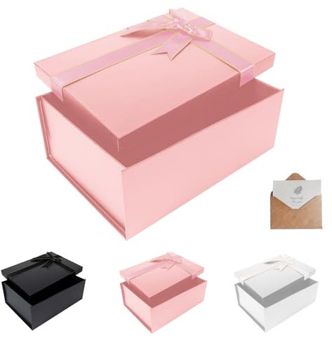 Geschenkbox mit Deckel,29x22x10.5cm,Rosa Geschenkverpackungskasten mit Grußkarten,Gift Box,Geschenkverpackungsboxen für Vatertag, Muttertag, Weihnachten, Ostern, Valentinstag, Geburtstage und mehr