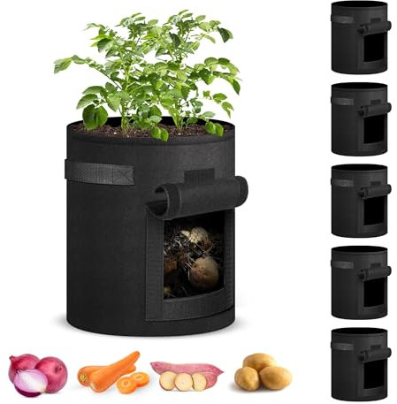 iPower Lot de 5 Pots de Plantation de Jardin avec poignée Durable et fenêtre de récolte, récipient en Tissu Non tissé épais pour Pommes de Terre, tomates, Carottes, légumes et Fruits, Noir