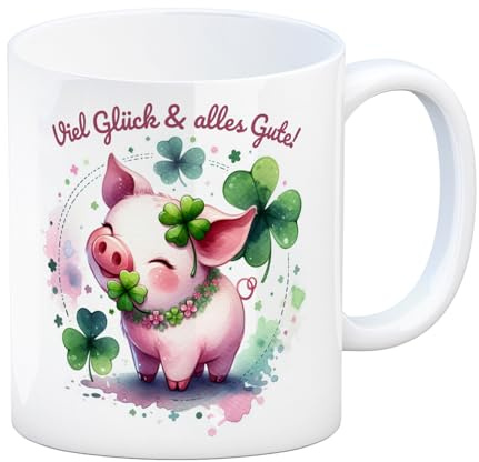 Glücksschwein Kaffeebecher mit Spruch Spruch Viel Glück & alles Gute! Fröhliches Tier-Design Kleeblatt Tasse Grün Ideal als Glücksbringer Glücksschwein Pflanze Glückstasse