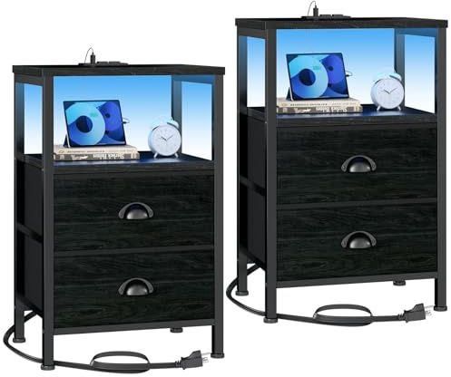 Furologee Nightstands Set of 2, End Tables with Charging Station and LED Lights, Black Night Stands with 2 Fabric Drawers, Bedside Tables Set of 2 for Living Room/Bedroom,Black Oak