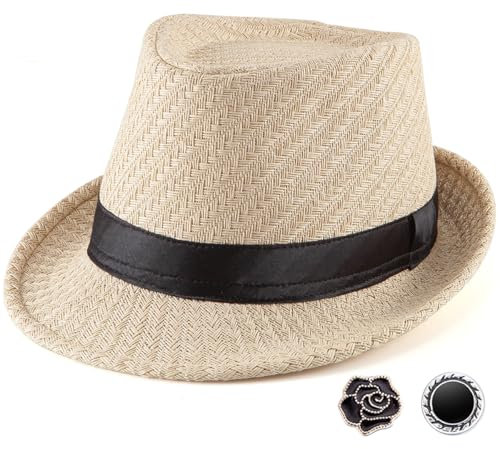 Sombrero Fedora de paja para hombre, sombreros Fedora para hombre, sombrero de lana para el sol, sombrero de Panamá, sombrero de 7 1/4, Beige S001, tamaño: 7 1/4 (58 cm), se adapta a 22 - 22 7/8