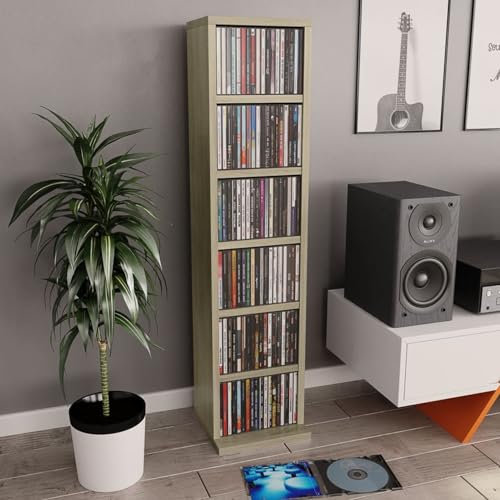 Homgoday Sonoma Oak CD Cabinet 21 x 20 x 88 cm Engineered Wood, CD Tower with 6 Open Compartments, Storage Unit CD and DVD Shelf for Living Room, Bedroom, Office