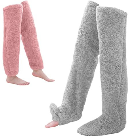 HEKOBAG 2 Pairs Long Fluffy Socks, Sock Slippers Winter Plush Over Knee Socks Furry Long Leg Warmers Christmas Home Sleeping Socks for Women Ladies Girls Gift - Grey and Pink