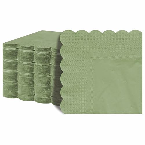 JEBBLAS Lot de 100 serviettes de cocktail jetables pour décoration de fête, dîner, fête de mariage, pliées, 12,7 x 12,7 cm, double épaisseur, bords festonnés (vert sauge)