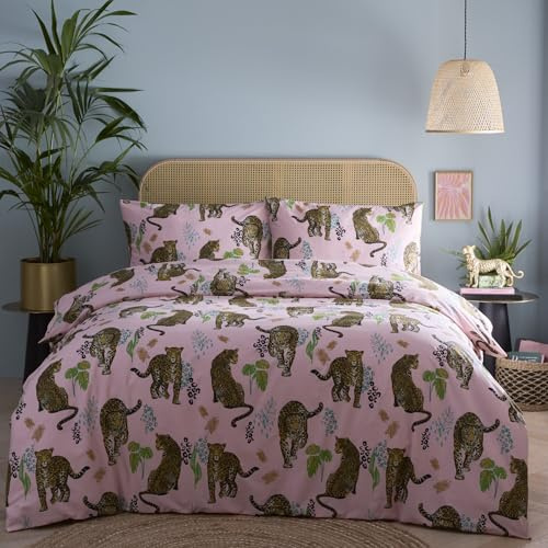 Portfolio Home Night Jaguar Animal Print Pink Single Soft Easy Care Bed Linen Bedding Duvet Cover Quilt Set With Pillow Case