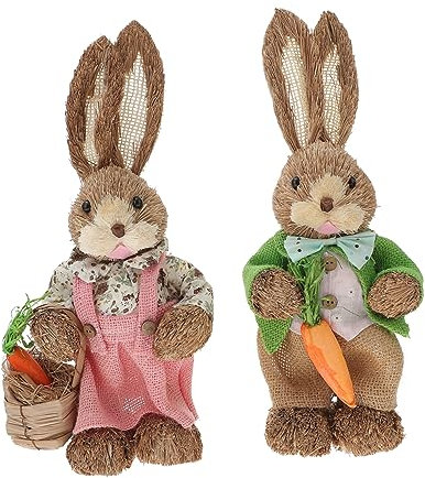 PRETYZOOM 2 Pièces Lapin en Paille Fait Main Jouets pour Enfants Ornements De Lapin De Pâques Figurine De Lapin en Paille Artisanat De Printemps Décor De Printemps pour La Maison Coton