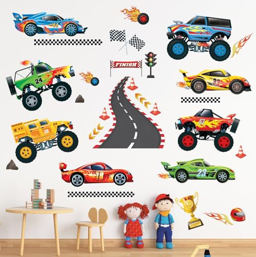DECOWALL DS9-8083 Wandtattoos Rennautos Transporte Aufkleber Jungenzimmer Fahrzeuge Kinderzimmer Schlafzimmer Spielzimmer bunt Spielzeug Straße Abziehen und ankleben abnehmbar Heimdekoration