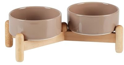 Havniva Ceramic 5.1inch Raised Double Bowls Set with Wooden Stand, Elevated Food & Water Bowls for Toy Breed Dogs, Cats, Kitty, Weighted Dog Dishes, Pet Bowls(13.5oz, Brown Coffee)