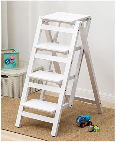 ZVALIEVYE Indoor Climstool, Step Stool for Adults/Step Ladder/Counter Chair, 2/3/4Step Multifunctional Folding Solid Wood Ladder Stool, Step Stool Household Muliti-Color Step Ladder STO/White/4 Step