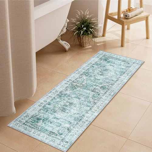 Uphome Badezimmerteppichläufer, Landhausstil, Boho, Salbeigrün, rutschfest, waschbar, langer Badteppich, Vintage, traditioneller weicher Samt, Badezimmerläufer für Badewanne, Waschbecken, Dusche, 45,7