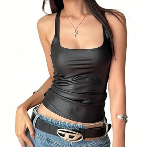 Women's Shiny Crop Top U Neck Stretchy Sexy Slim Fit Metallic Tank Vest