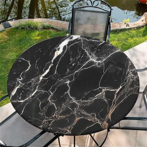 Outdoor Runde Tischdecke mit Gummizug Ø 36(90cm) - Elastisch Garten tischdecke mit Schwarzer Marmor Muster Passend für 75-85cm breite Tische
